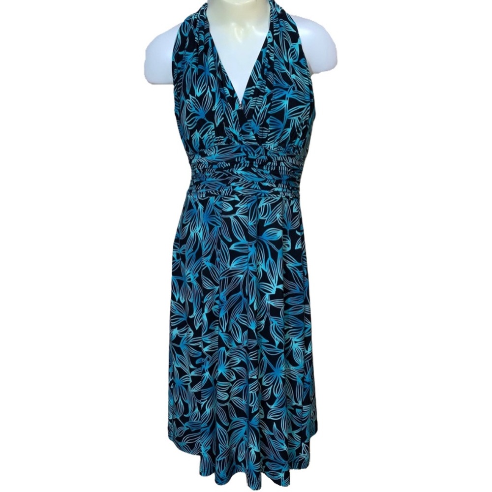 blue tropical floral halter dress